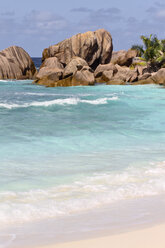 Seychelles, View of the Anse Cocos beach at La Digue Island - KRPF000744