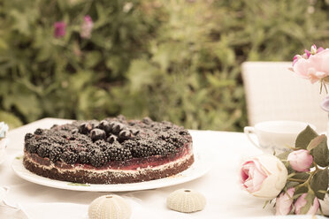 Schokoladenbeerenkuchen auf einem Gartentisch - FCF000400