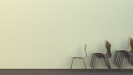 Three stacks of chairs on oak wooden floor in front of a wall, 3D Rendering - UWF000150