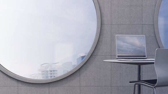 Arbeitsplatz mit Laptop vor einem Oculus mit Blick, 3D Rendering - UWF000151