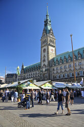 Germany, Hamburg, view to city hall with stands at the townhall square - KRPF000915