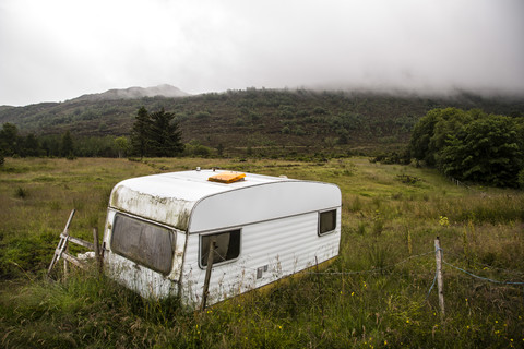 Norway, Larsnes, caravan on meadow stock photo