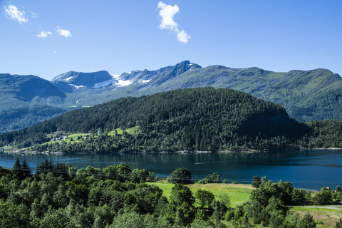 Norway, Alesund, landscape with fjord stock photo