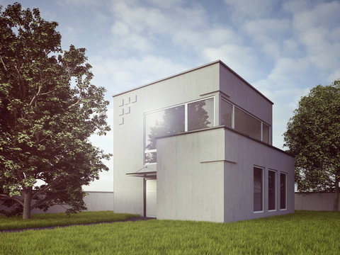 Blick auf modernes freistehendes Einfamilienhaus, 3D Rendering, lizenzfreies Stockfoto