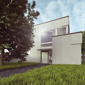 Blick auf modernes freistehendes Einfamilienhaus, 3D Rendering - UWF000157