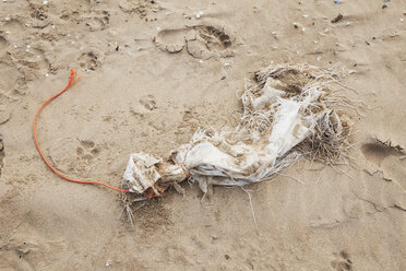 Belgien, Überbleibsel einer Plastikplane am Sandstrand an der Nordseeküste - GWF003125