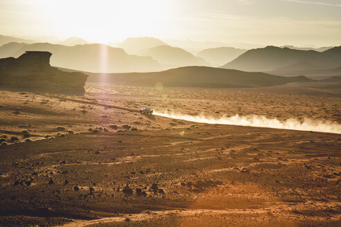 Jordan, Sand dust from a 4-wheeler in Wadi Rum desert - FLF000495