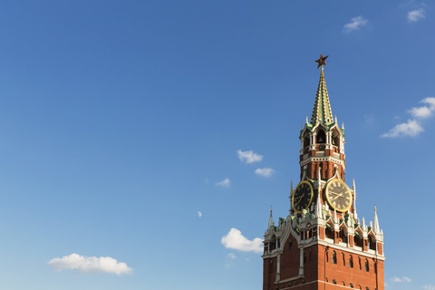 Russland, Moskau, Detail des Spasskaya-Turms, lizenzfreies Stockfoto