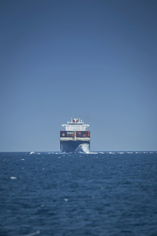 Spain, Andalusia, Tarifa, Strait of Gibraltar, Cargo ship stock photo
