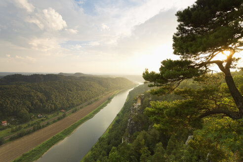 Deutschland, Sachsen, Elbsandsteingebirge, Blick auf Wartturm und Elbe - MSF004100