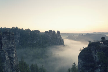 Deutschland, Sachsen, Blick nach Gansfels am Elbsandsteingebirge im Morgennebel - MSF004116