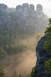 Deutschland, Sachsen, Blick nach Gansfels am Elbsandsteingebirge im Morgennebel - MSF004126