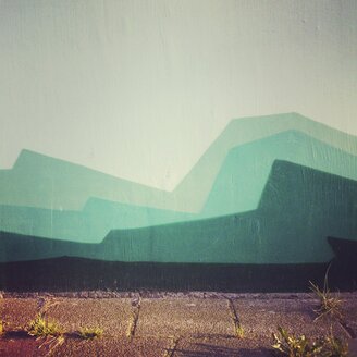 Niederlande, Flevoland, Almere, Abstrakte Landschaft auf einer Betonwand gemalt - HAWF000456