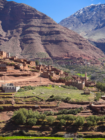 Marokko, Marrakesch-Tensift-El Haouz, Atlasgebirge, Ourika-Tal, Dorf Anammer, Lehmhäuser, lizenzfreies Stockfoto