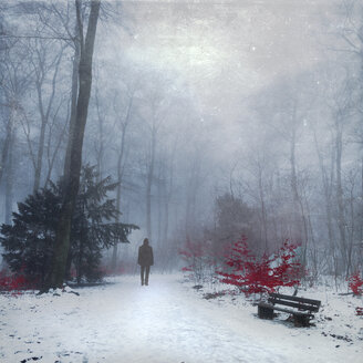 Mann geht in verschneitem Wald, digitale Bearbeitung - DWI000166