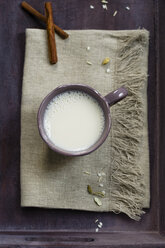 Tasse Sojareismilch, gewürzt mit Kardamom und Zimt, gehobene Ansicht - MYF000525