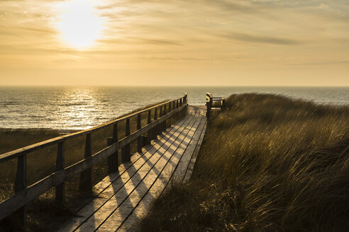 Germany, Schleswig-Holstein, Sylt, North Sea, wooden walkway through dune at sunset - SRF000784