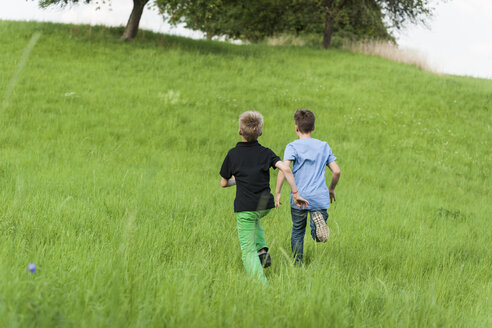 Zwei Jungen laufen auf einer Wiese bergauf - PAF000856