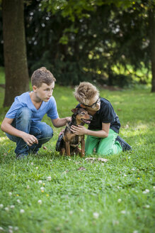 Zwei Jungen, die mit ihrem Hund auf einer Wiese kauern - PAF000891