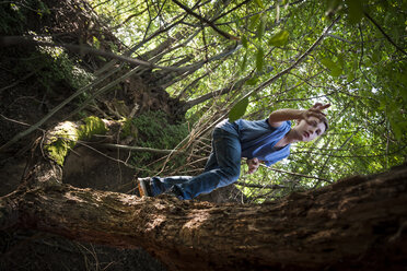 Jungen balancieren auf einem Totholz im Wald - PAF000903