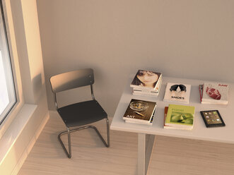 E-Reader und Bücher auf einem Tisch liegend, 3D Rendering - UWF000158