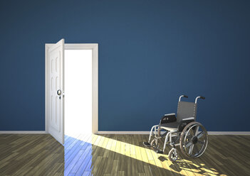 Rollstuhl und Sonnenlicht, das durch die offene Tür scheint, 3d Rendering - ALF000194