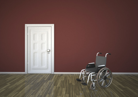 Wheelchair with closed door, 3d rendering stock photo