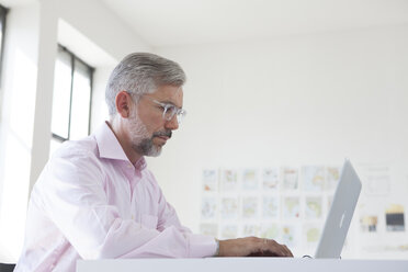Porträt eines Geschäftsmannes, der einen Laptop an seinem Schreibtisch in einem Büro benutzt - RBF001887