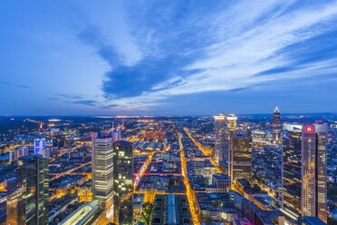 Germany, Hesse, Frankfurt, view over the lighted city from above - WDF002610