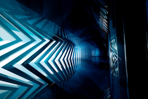 Futuristic empty room in blue, 3D Rendering stock photo