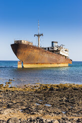 Spain, Canary Islands, Lanzarote, Arrecife, Punta Chica, Ship wreck Telamon - AMF002769