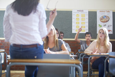 Schüler im Klassenzimmer hebt seine Hand - ZEF000684