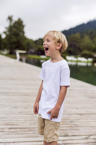 Lachender kleiner Junge auf einem Steg, lizenzfreies Stockfoto