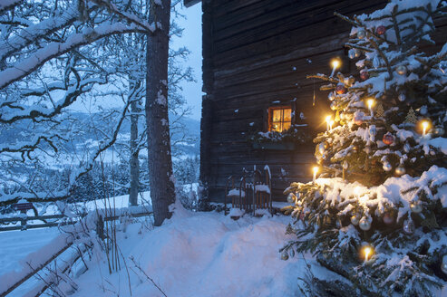 Österreich, Land Salzburg, Altenmarkt-Zauchensee, Fassade einer Holzhütte mit beleuchtetem Christbaum im Vordergrund - HHF004864