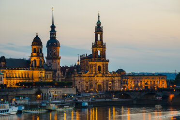 Germany, Saxony, Dresden, View of Academy of Fine Arts, Bruehl's Terrace, Sekundogenitur, Hausmann Tower, House of the Estates, Dresden Cathedral with Elbe waterfront in the evening - WGF000425