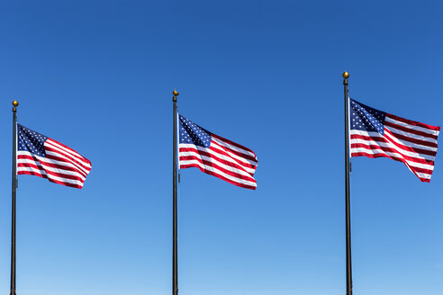 Drei amerikanische Flaggen vor blauem Himmel - FOF007136