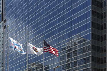 USA, Illinois, Chicago, flags in front of skyscraper front - FOF007169