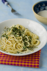 Spaghetti with herbs-cream-sauce on plate - MYF000543