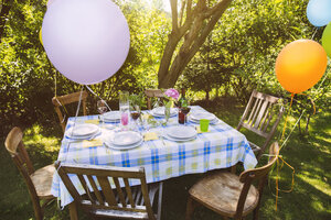 Party table in garden with plates and glasses - MFF001237