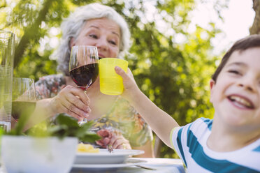 Großmutter und Enkel stoßen auf einer Gartenparty an - MFF001254