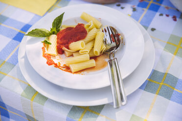Plate with pasta on garden table - MFF001261