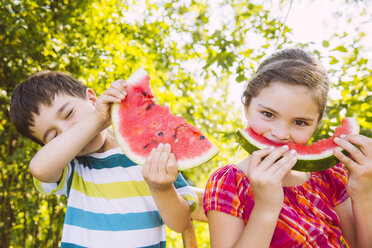 Kinder essen Scheiben von Wassermelone im Garten - MFF001285