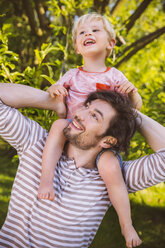 Father carrying son on his shoulders in garden - MFF001307