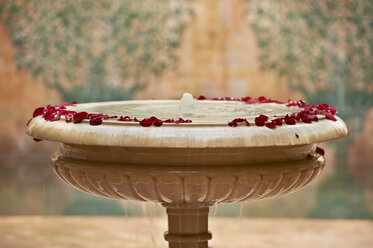 Morocco, Fes, Hotel Riad Fes, marble fountain with red rose petals - KMF001491