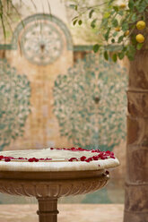 Morocco, Fes, Hotel Riad Fes, marble fountain with red rose petals - KMF001492