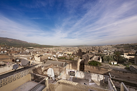 Morocco, Fes, view over medina from Hotel Riad Fes stock photo