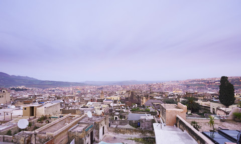 Morocco, Fes, view over medina from Hotel Riad Fes stock photo