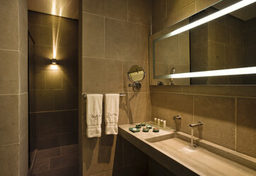Morocco, Fes, Hotel Riad Fes, lighted bathroom - KMF001433