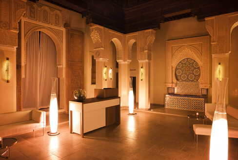 Morocco, Fes, Hotel Riad Fes, lighted lounge by night - KMF001461