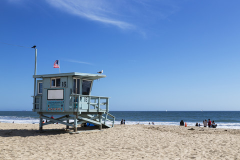USA, Kalifornien, Santa Monica, Santa Monica State Beach, Rettungsschwimmerkabine, lizenzfreies Stockfoto